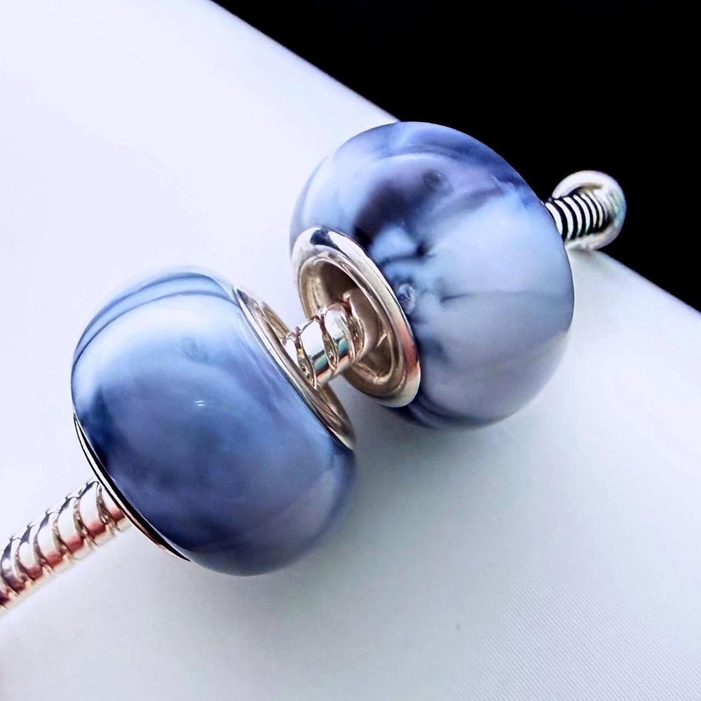 Silver Bead Charm Fits Snake Chain Bracelet Blue White Marble Swirl‎